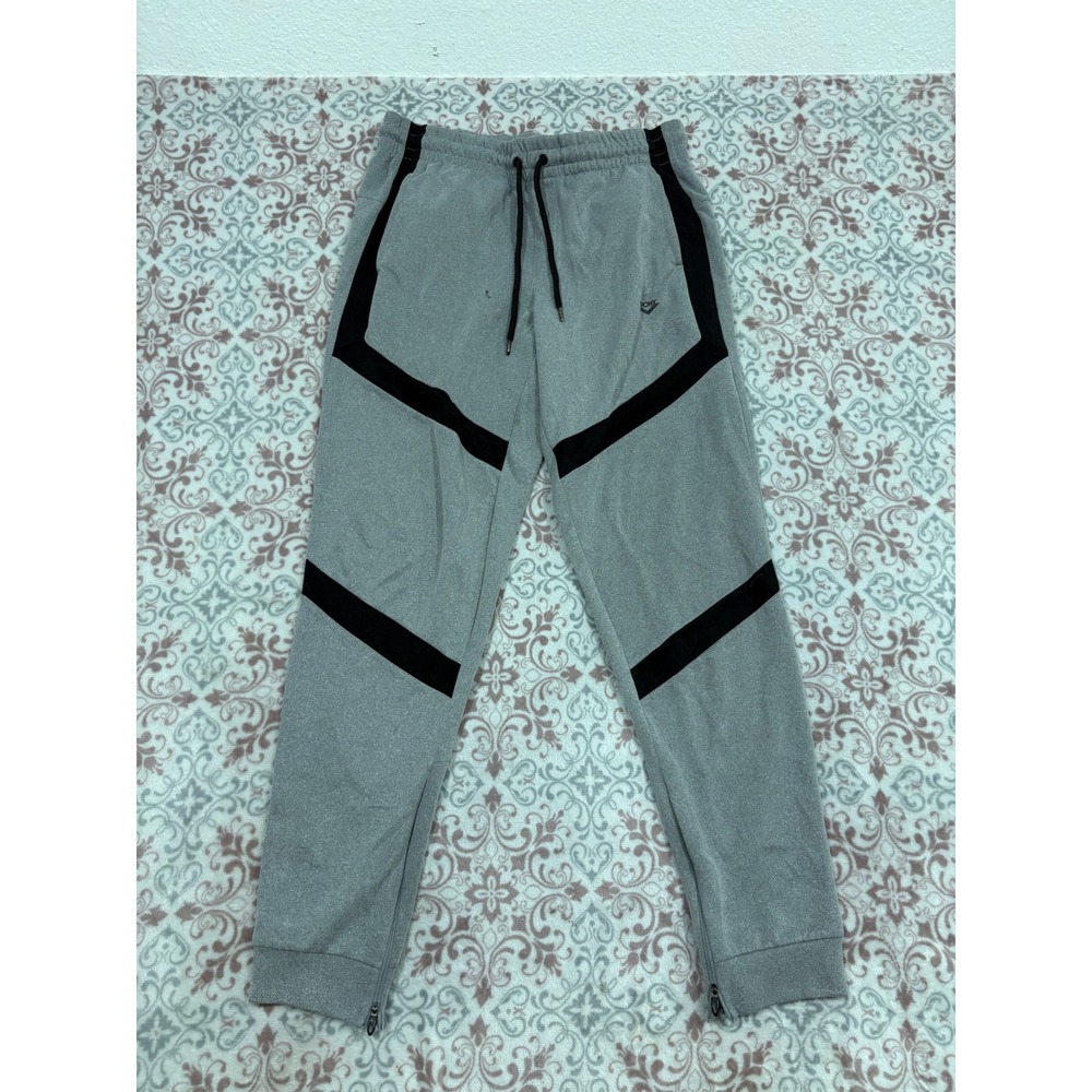 Pony Mens Gray Tech Fleece Joggers Black Chevron Stripe Ankle Zip Pants Size M